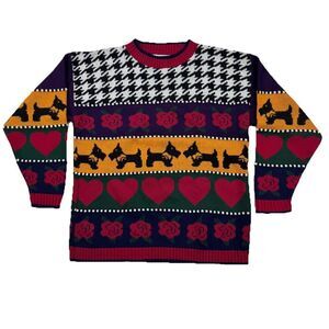 Vintage Knitwaves Scottie Dog Sweater M Hearts Roses Houndstooth Y2K Retro